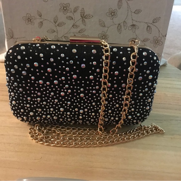 Shiny Rhinestone Studded Evening Party Clutch Handbag with Chain - Picture 5 of 11
